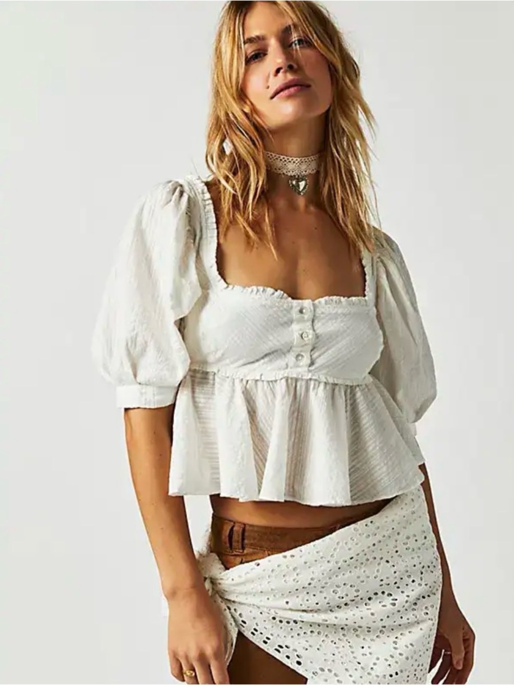 Free People Leave It To Me Top Babydoll Puff Sleeves  Small 100% Cotton